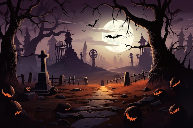 Spooky Halloween Night with Pumpkins Bats and Graveyard Generative AI Enhanced Colección de imágen