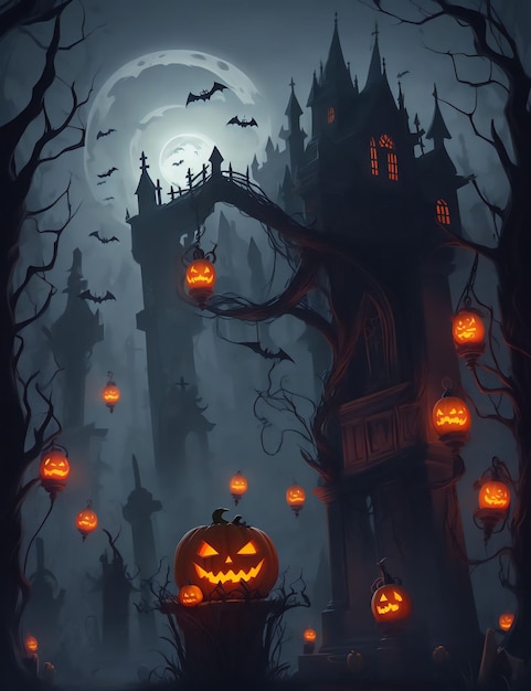 Foto spooky happy halloween castle ilustração de desenhos animados de fundo
