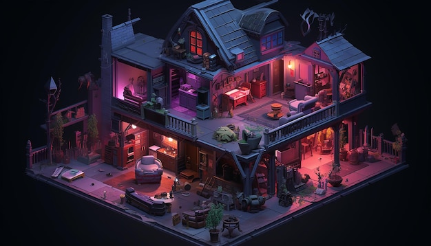 Spooky house 3d isométrico C4D paleta de colores de ensueño Estilo Cyberpunk Art Detalle épico