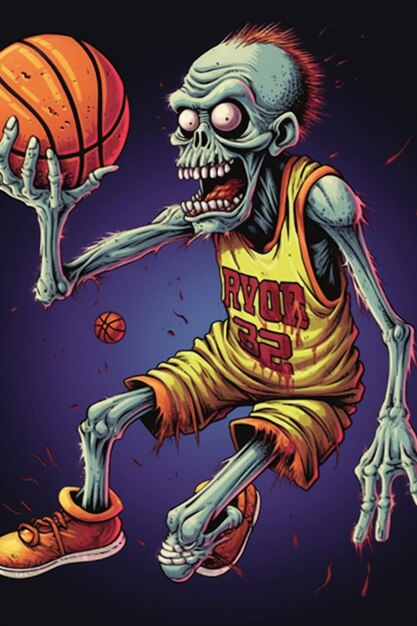 Spooky zombie esqueleto jugando baloncesto