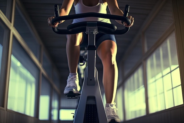 Sport-Fitness-Training und Lifestyle-Konzept Nahaufnahme einer Frau, die auf einem Fitness-Fahrrad im Fitnessstudio trainiert Frau auf einem Fitness-Fahrrad im Innenraum