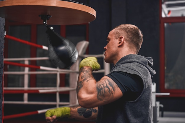 Sport ist die Lebensweise eines professionellen jungen Boxers, der mit dem Armtraining schlägt