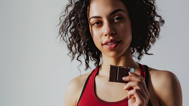 Sport-Sportlerin isst Bio-Schwarzschokolade