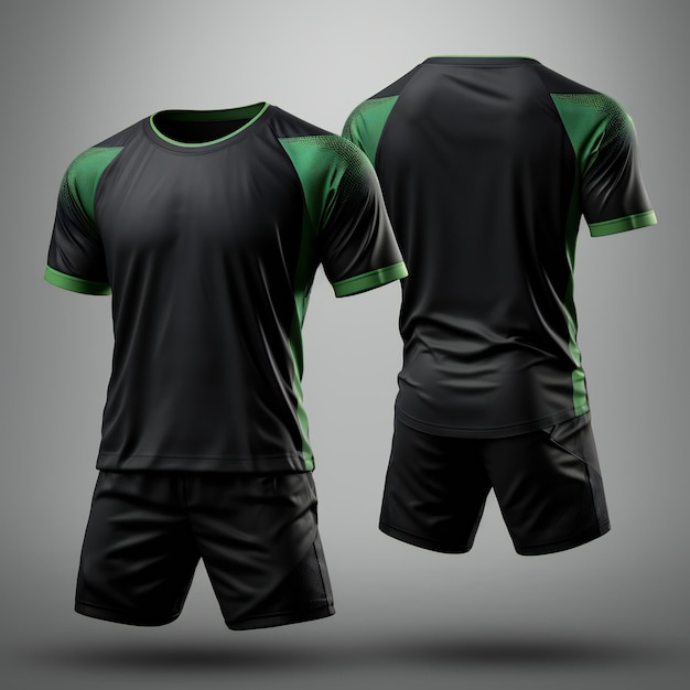 Sportbekleidung Evolution Mockup von schwarz-grünen T-Shirt-Shorts Vorder- und Rückseite