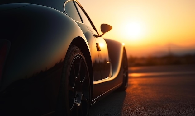 Sportcar en campo al atardecer Coche en carretera asfaltada en verano IA generativa