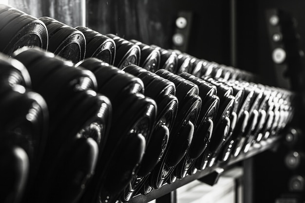 Sportgeräte im Fitnessstudio. Kurzhanteln mit unterschiedlichem Gewicht hautnah