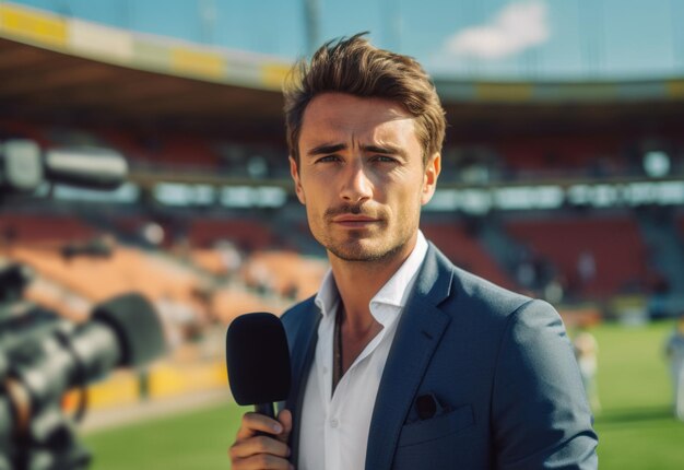 Sportjournalist arbeitet hart daran, eine detaillierte Berichterstattung über das Fußballspiel zu liefern. Trauriger Fußballreporter kommentiert das Ergebnis des Spiels. Veröffentlichungen und Nachrichtenartikel zum Thema Sport. Generative KI