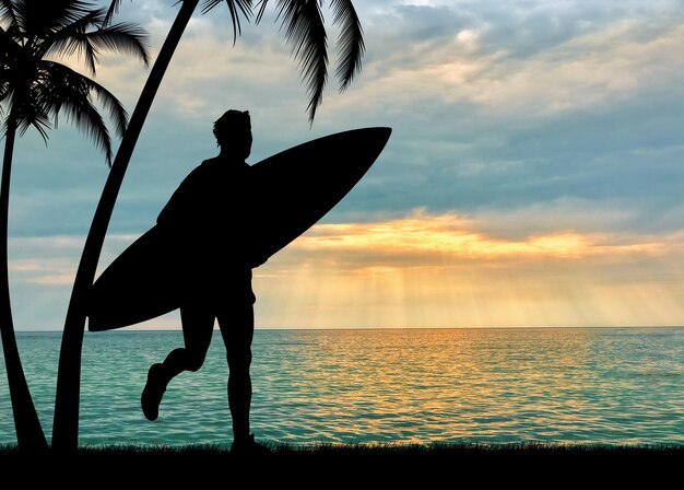 Foto sportkonzept. silhouette eines surfers am strand mit palmen auf dem hintergrund des meeressonnenuntergangs