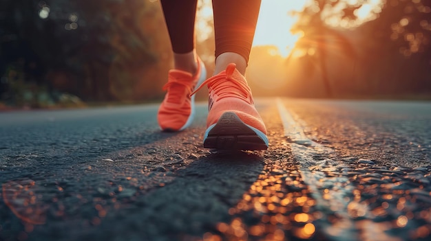 Sportläuferfüße laufen am Sonnenuntergang See Nahaufnahme auf Schuh KI-generierte Illustration