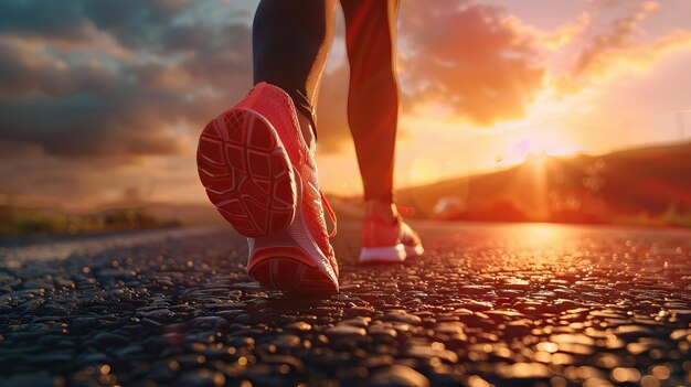 Foto sportläuferfüße laufen am sonnenuntergang see nahaufnahme auf schuh ki-generierte illustration