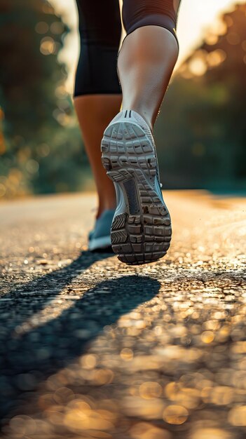 Sportläuferfüße laufen am Sonnenuntergang See Nahaufnahme auf Schuh KI-generierte Illustration