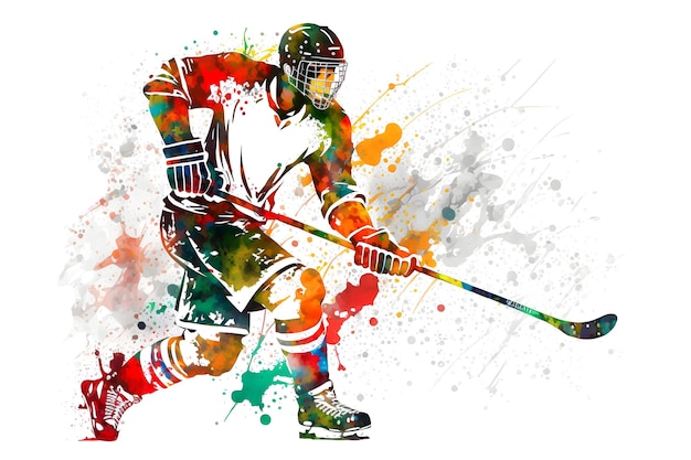 Sportler, der Hockey auf Aquarell-Regenbogenspritzer spielt, erzeugte durch ein neuronales Netzwerk Kunst