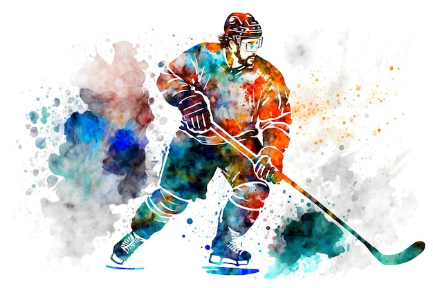 Sportler spielt Hockey auf Aquarell-Regenbogenspritzer. Durch ein neuronales Netzwerk erzeugte Kunst