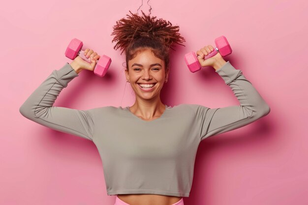 Foto sportlerin hat regelmäßiges training, hebt arme mit hanteln, macht muskelübungen