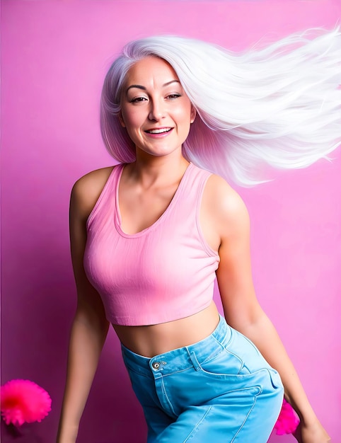 Sportlerin in rosafarbenem BH mit makellosem rosafarbenem Haar isoliert im rosafarbenen Raum