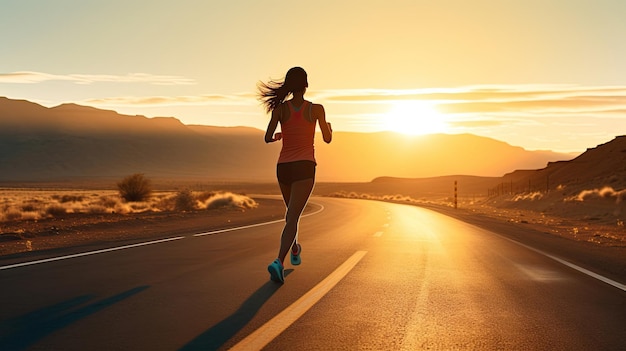 Sportlerin läuft bei Sonnenaufgang auf der Straße und trainiert für Marathon und Fitness. Gesunder, aktiver Lebensstil. Latino-Frau trainiert im Freien