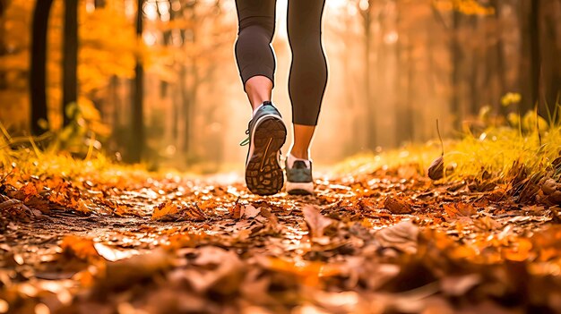 Sportlerin läuft im Herbst in ihren Turnschuhen durch den Wald