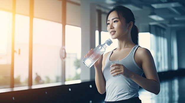 Sportlerin trinkt nach dem Training reines Wasser