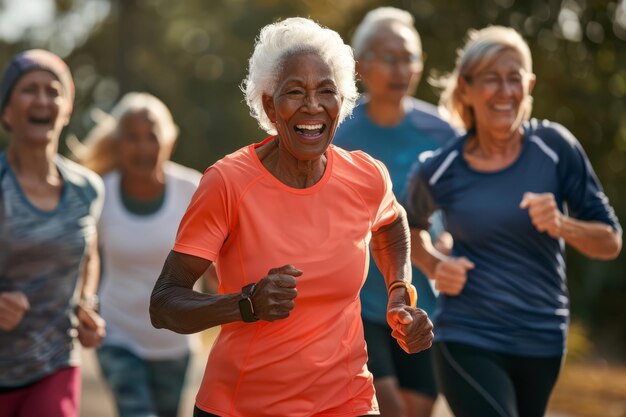 Sportliche Fitness tragen eine Gruppe von Senioren joggen zusammen mit Freude verkörpern das Engagement für eine