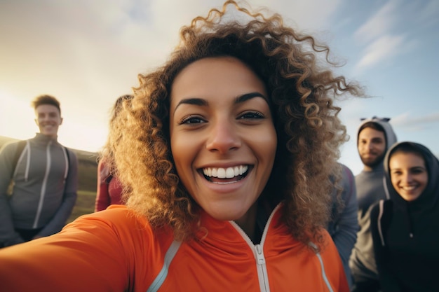 Sportliche Frau macht ein Selfie im Freien beim Üben