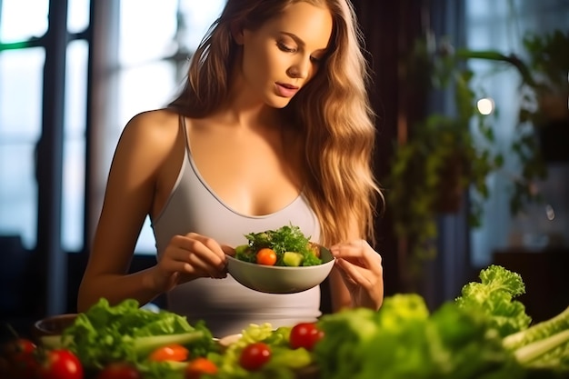 Sportliche Frau mit Salat in der Hand