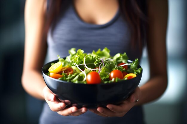 Sportliche Frau mit Salat in der Hand