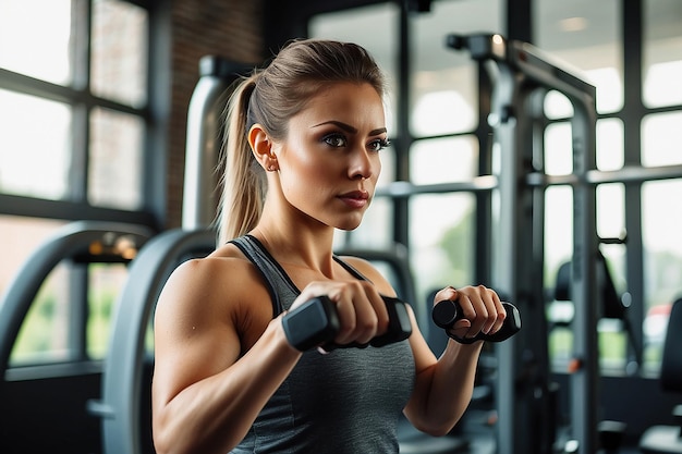 Foto sportliche frau trainiert auf multistation im fitnessstudio für arm- und schultermuskeln fitnesstraining im fitnessstudio