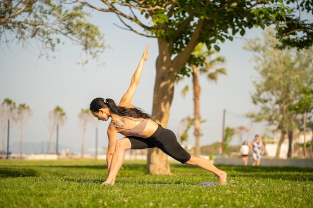 Sportliche junge Frau, die Yoga im Park am Morgen tut