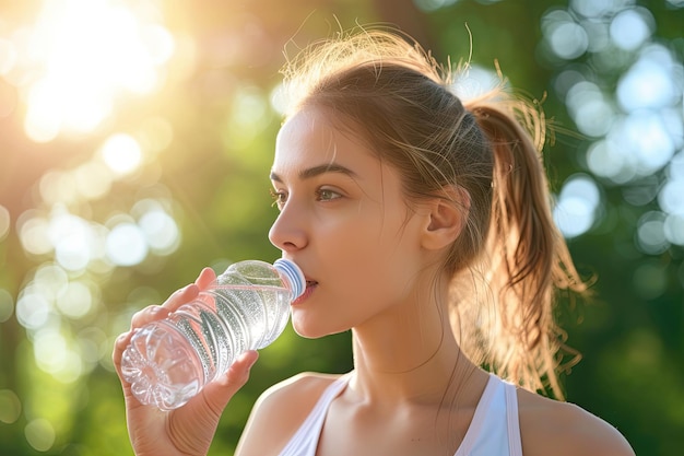 Sportliche junge Frau trinkt frisches Wasser