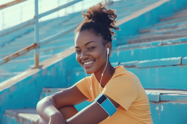 Sportliche Sportlerin während des Lauftrainings und des Jogging lächelnde afroamerikanische Frau sieht eine Fitness-Smartwatch an, trägt Kopfhörer und Smartphone zum Armband, nutzt leere Stadionstände und Treppen