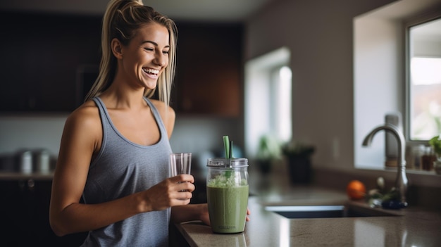 Sportliches Mädchen auf Diät machte in der Küche einen Smoothie