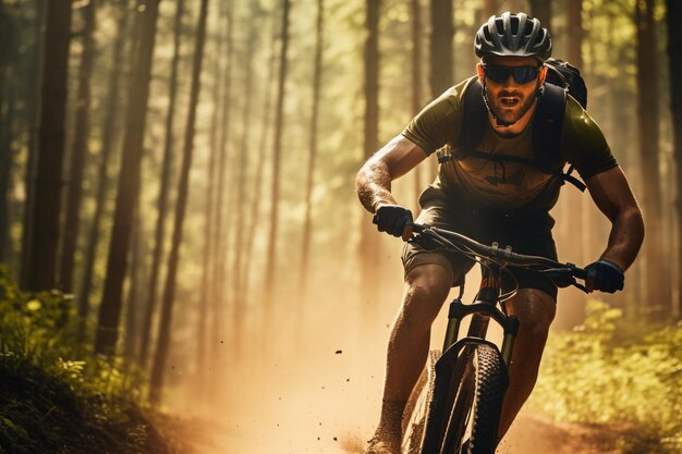 Sportpaar fährt Fahrräder im Sommerwald