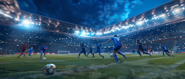 Sports Channel Broadcast Television Concept Jugadores del equipo azul con delantero negro liderando el ataque anotando gol en el campeonato de fútbol del estadio de la multitud de aficionados al fútbol