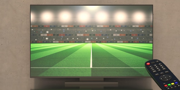 Sportstadion auf Fernsehbildschirm und Fernsehfernbedienung braun beige Farbe Hintergrund 3D-Darstellung