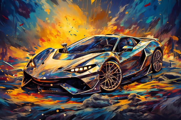 Sportwagen auf brennendem Hintergrund, digitale Malerei, Illustration eines Sportwagens