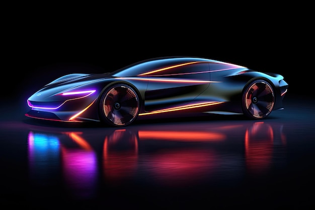 Sportwagen auf dunklem Hintergrund 3D-Rendering Neonlichter Auto mit Neonlichtern auf dunklem Hintergrund Seitenansicht Sportwagen futuristisches autonomes Fahrzeug HUD-Auto KI generiert