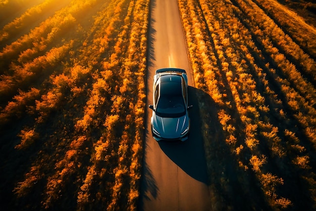 Foto sportwagen fahren bei sonnenuntergang auf ländlicher strecke ai generative