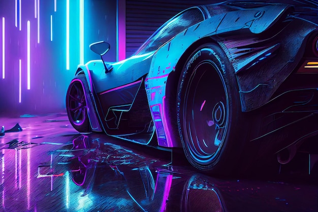 Sportwagen im Cyberpunk-Stil auf einem nassen Garagenboden mit leuchtend blauen Neonstreifen