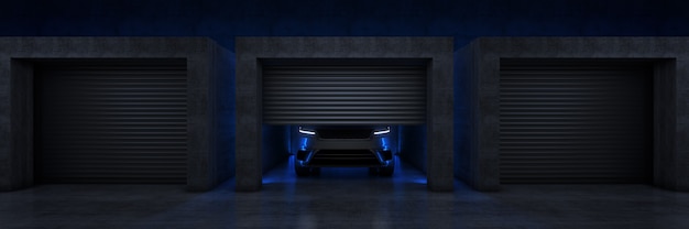 Sportwagen in Garage mit offenem Rolltor 3D-Rendering