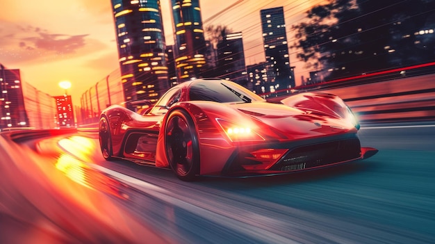 Sportwagen-Rennen in Richtung der Stadt Sonnenuntergang futuristisches Konzept mit Grunge-Overlay generische und markenlose 3D-Illustration