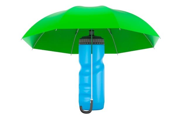 Sportwasserflasche aus Kunststoff unter Regenschirm 3D-Rendering