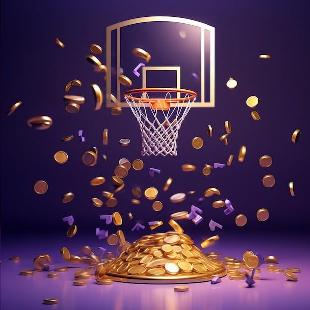 Sportwetten-Basketballkorb mit goldenen Münzen auf lila Hintergrund 3D