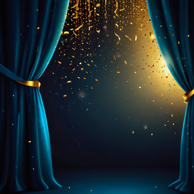 Spotlight em fundo de cortina azul e confete dourado caindo Ilustração vetorial