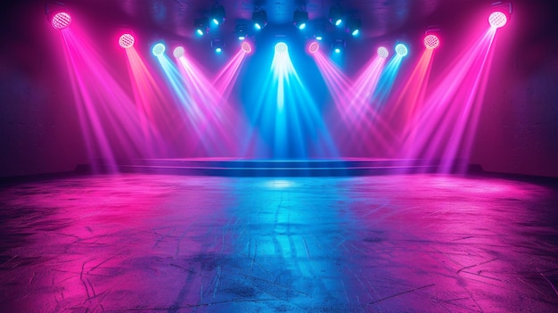 Spotlights azuis e cor-de-rosa iluminam o palco Um estúdio de teatro ou interior de clube com feixes de luz no fundo Ilustração realista moderna