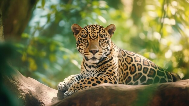 Spotted Jaguar starrt majestätische Schönheit im Hintergrund der Natur