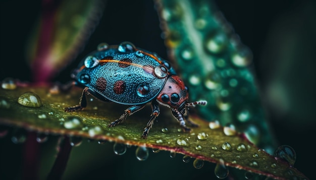 Spotted Ladybug auf grünem Blatt nass mit Tau-Tropfen-Hintergrund, erzeugt von künstlicher Intelligenz