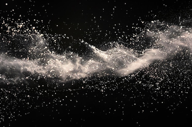Spray de agua en fondo negro pulverización blanca en el aire gotas de agua salpicando aisladas en negro