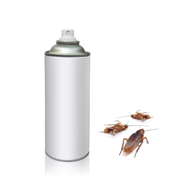 Spray de insecticida y cucaracha aislada sobre un fondo blanco