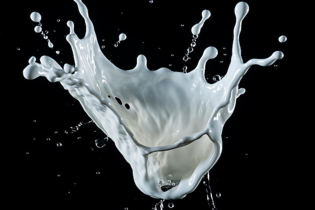 Spray refrescante de leche o líquido blanco con movimiento dinámico aislado sobre un fondo negro oscuro