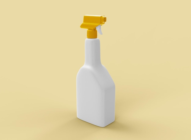 Spray-Reiniger-Flasche auf gelbem Hintergrund. Isoliertes Produkt. 3D-Rendering